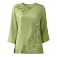 thumbnail image 5 of Tweang Cotton Blend Tops for Women Floral Short Sleeve Tee Roll Up Short Sleeve T-shirt Cotton Linen Shirts Cotton Linen Embroidered Tops Loose Gauze Tunics Linen Embroidered Shirts Green 4XL, 5 of 5