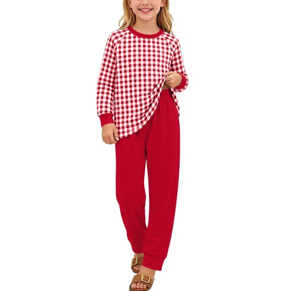 LEKWK Teen Girls 2 Piece Outfits Long Sleeve Gingham Plaid Top and Elastic Waist Jogger Pants Casual Kids Fall Pj Set Home Sleep Comfy Loungewear 1-14Y