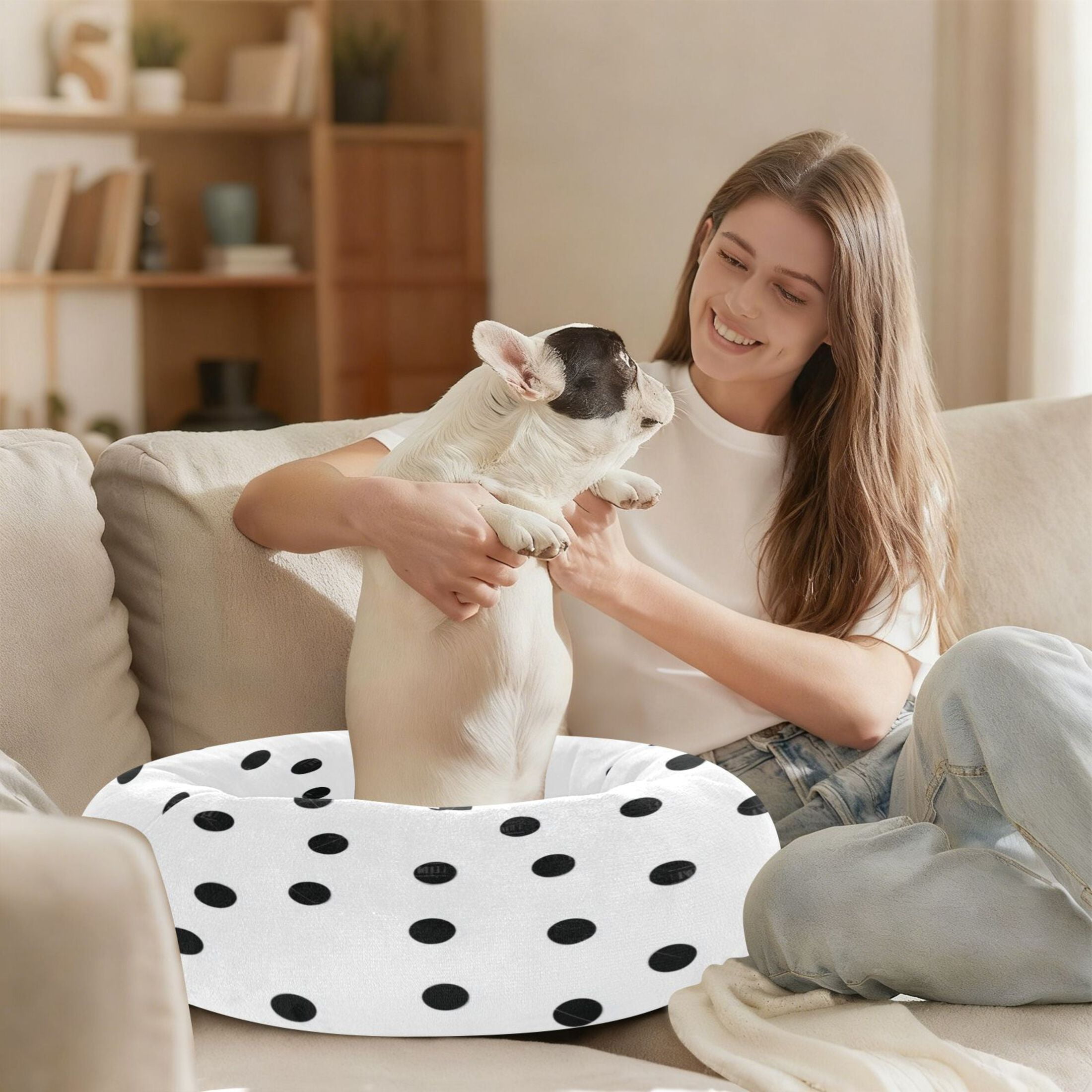 Iauyy Pet Couch Donut Cat Bed for Indoor Cats/Small Dogs Washable & Machine with Non-slip Bottom Calming Cat Furniture, Smoothly Seamless Polka Dots (M)
