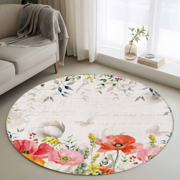 Pink Yellow Floral Round Rug 3ft Washable Circle Entryway Rugs Non Slip Spring Flowers Elegant Pastoral Leaves Area Rug Indoor Floor Carpet for Bedroom Kitchen Living Room Home Office Dining Room