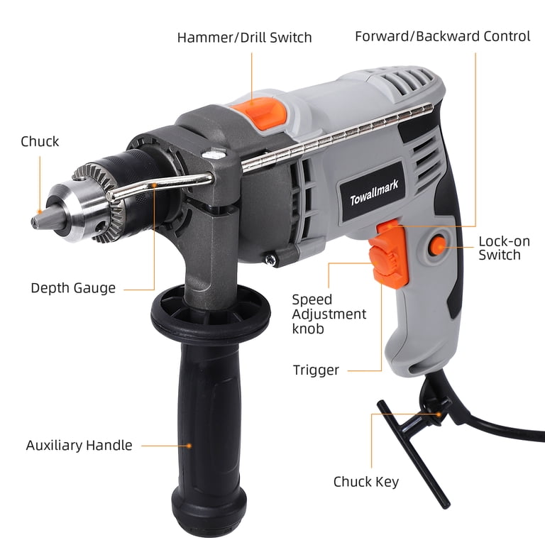 Towallmark 7-Amp 1/2-Inch Hammer Drill – 3000 RPM Variable Speed, 10 Drill Bits Included, Impact & Drill Modes, Ergonomic Handle, For Home Improvement, DIY, Wood, Masonry