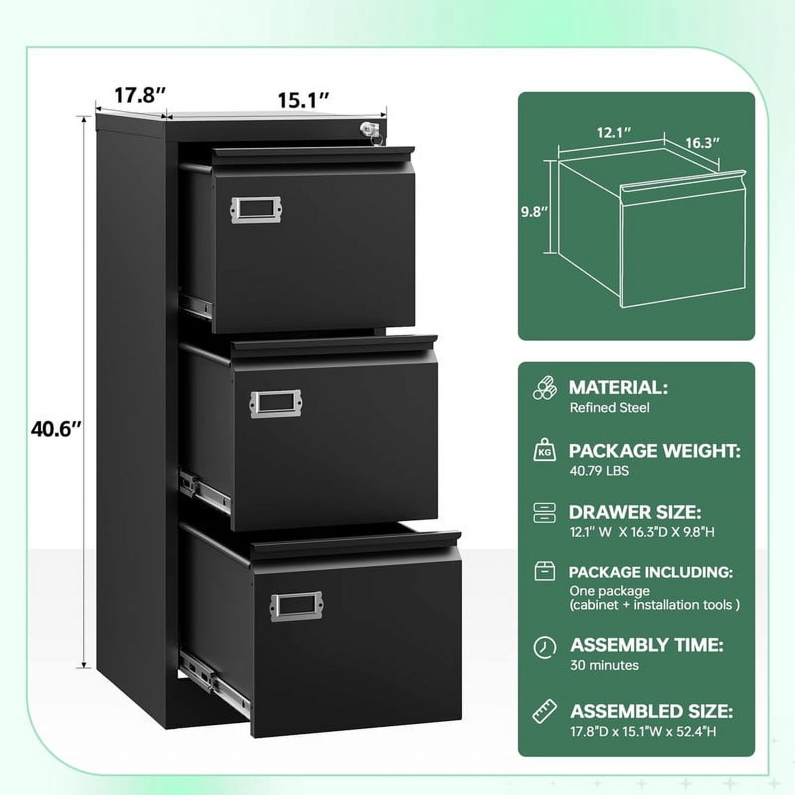MIIIKO 3 Drawer File Cabinet,Metal Vertical Filing Cabinets with Lock,Storage A4/F4/Letter/Legal for Home Office-Assembly Required(3 Drawer-Black)
