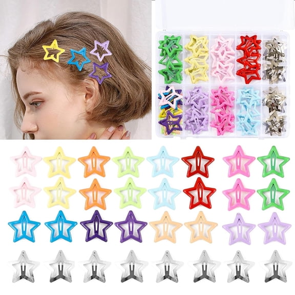 TUWAFE 55Pcs 1.22" Star Hair Clips Cute Hair Clips for Girls Colorful Metal Snap Hair Barrettes for Women Star Hair Accessories for Daily Party