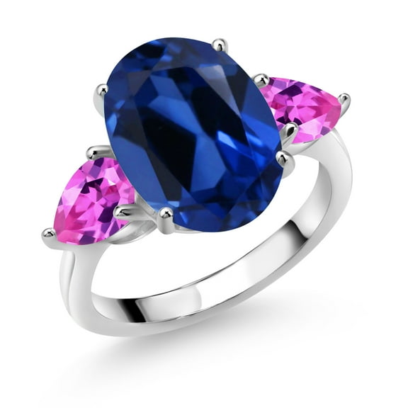Gem Stone King 925 Sterling Silver Blue Simulated Sapphire and Pink Created Sapphire Ring for Women (8.00 Cttw, 14X10MM Oval and 7X5MM Pear Shape, Gemstone, Size 8)