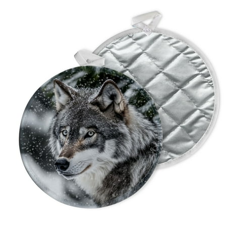 

2 PCS Pot Holders for Kitchen Potholders Sets with Hook for Oven Cooking Baking Grey Wolf Head With Pine Tree And Snow