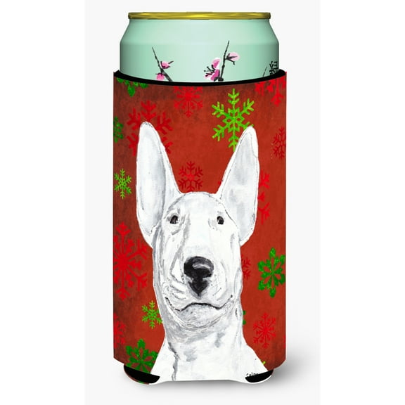 Carolines Treasures SC9590TBC Bull Terrier Red Snowflakes Holiday Tall Boy Hugger Tall Boy multicolor