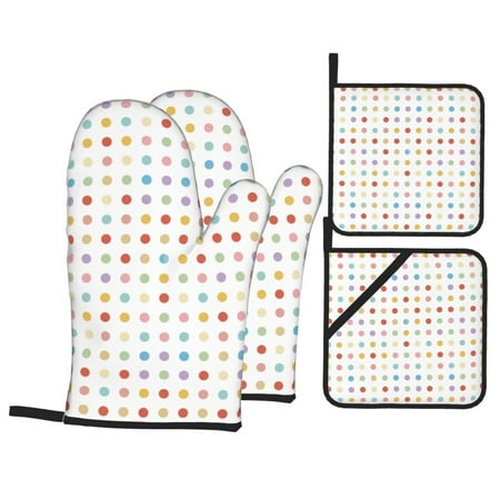 

Oven Mitts and Pot Holders 4 pcs Set Colorful dots b Heat Resistant Pot Holders Oven Mitts for kitchen Non-Slip Hanging Loop Oven Glove Potholders for Baking Cooking