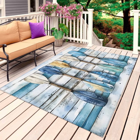 Lake Paddle Striped Outdoor Rug 4x6 Ft, Non Slip Washable Area Rug, Watercolor Vintage Wood Grain Patio Rugs Carpet Runner, Large Floor Mat for Indoor/Outdoor Deck Porch Camping