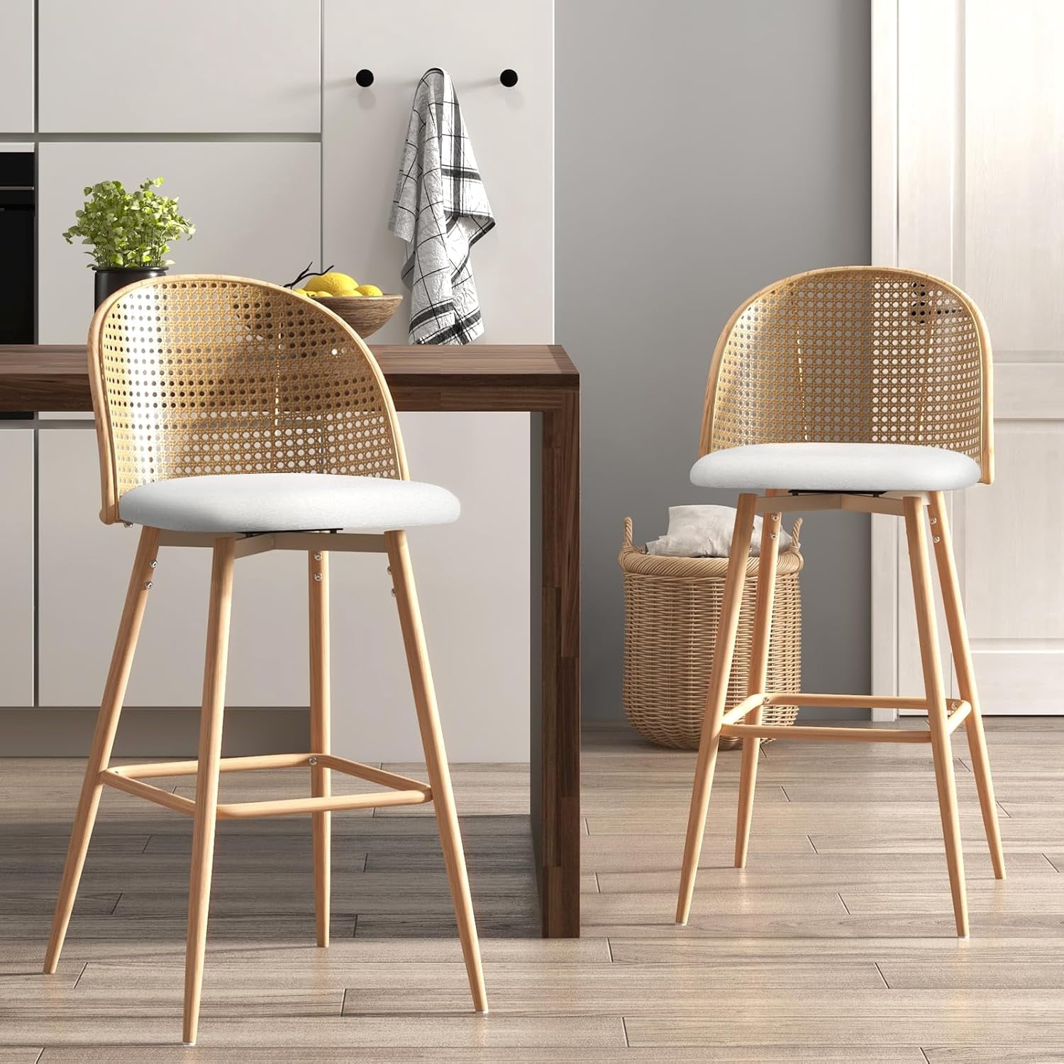 LAZZO 29“ Swivel Bar Stools Set of 2, Boho Rattan Counter Height Bar Chairs for Kitchen Island, White