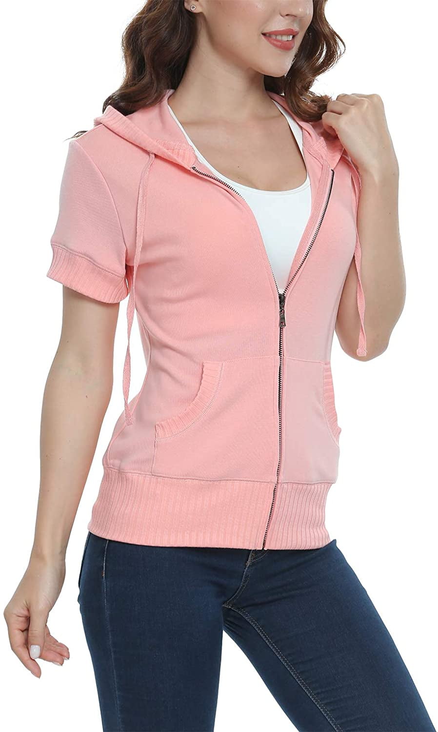 womens short sleeve zip up hoodie