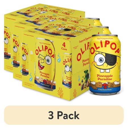 (3 pack) OLIPOP Prebiotic Soda, SpongeBob Pineapple Paradise, 12 fl oz, 4 pack, Pantry Pack