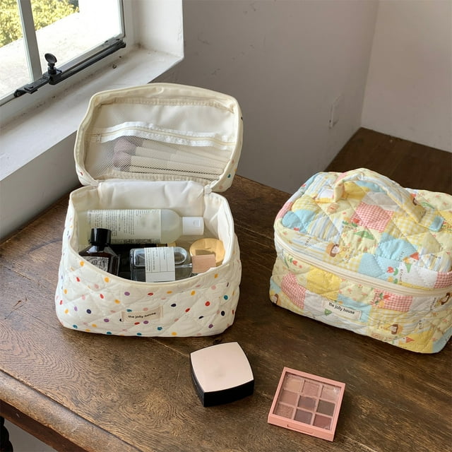 Bolsa de maquillaje acolchada de algodón | Estilo Floral | Bolsa de cosméticos de viaje grande para mujeres y niñas | Lindo diseño de oso con puntos multicolores | Algodón suave y ligero | 9,84 x