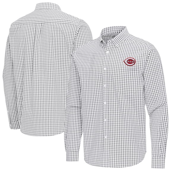 Men's Antigua Gray Cincinnati Reds Ellis Woven Tri-Blend Button-Down Shirt