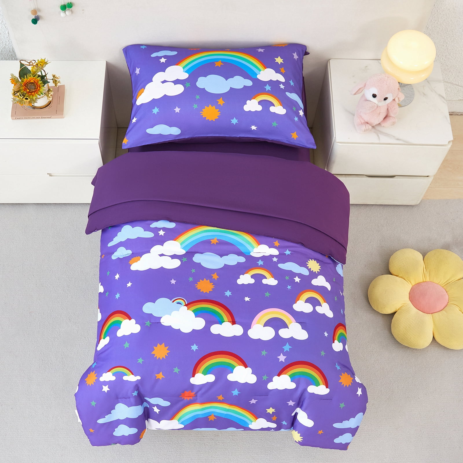 ZRNBAST 4 Piece Toddler Comforter Set for Girls, Soft Colorful Rainbow Clouds Printed Bedding Set, Purple