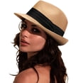 thumbnail image 1 of DRESHOW Sombrero panamá de paja para mujer, sombrero de viaje Fedora para playa, sombrero para el sol, sombrero enrollable de paja de ala ancha UPF 50+, 1 of 1