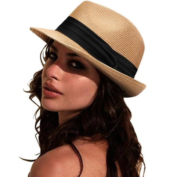 DRESHOW Sombrero panamá de paja para mujer, sombrero de viaje Fedora para playa, sombrero para el sol, sombrero enrollable de paja de ala ancha UPF 50+