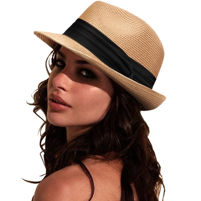 DRESHOW Sombrero panamá de paja para mujer, sombrero de viaje Fedora para playa, sombrero para el sol, sombrero enrollable de paja de ala ancha UPF 50+
