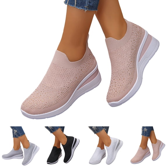 Pandaie Women's Slip on Walking Shoes Rhinestone Glitter Sneakers Mesh Breathable Wedge Heel Orthopedic Running Tennis Shoes Black 6.5
