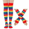 thumbnail image 1 of Calcetines hasta la rodilla con colores del arcoíris, calcetines de algodón por encima de la rodilla, guantes de rayas de colores para mujer, conjunto de accesorios de fiesta [guantes + calcetines], 1 of 1