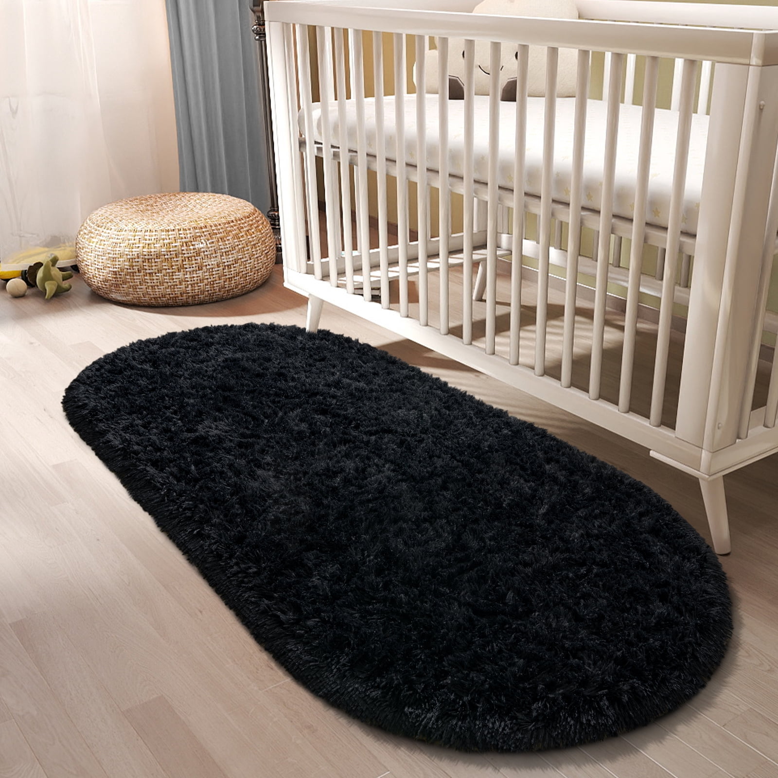 ZENELESS Oval Plush Fluffy Carpets for Living Room, Anti-Skid Fuzzy Comfy Rug for Bedroom, 2.6 x 5.3ft Black
