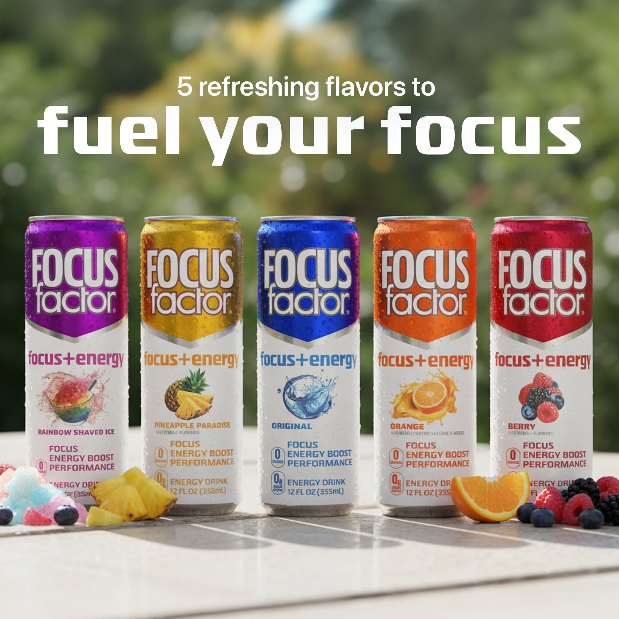 Focus Factor Energy Drink - 12 x 355ml Cans (Rainbow Shaved Ice Flavor) - with Focus + Energy - Sugar Free, Low Calorie with Vitamin B6 & Vitamin B12