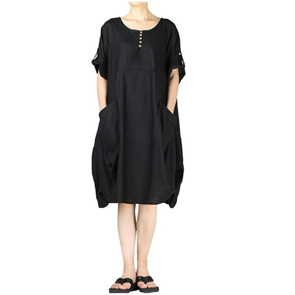 Cathalem Women Casual Summer Dresses Short Sleeve Crewneck A Line Shift Mini Dresses for Work Wedding Party,Black L