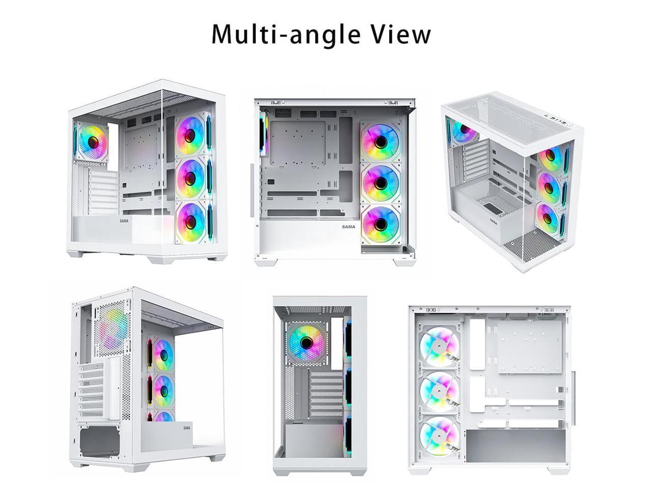 SAMA SV01 Gaming PC Case Computer Mid Tower ATX Case White with 4 Addressable RGB Fans Pre-Installed, Back Plug Motherboard Design, Tempered Glass Transparent Side Panel