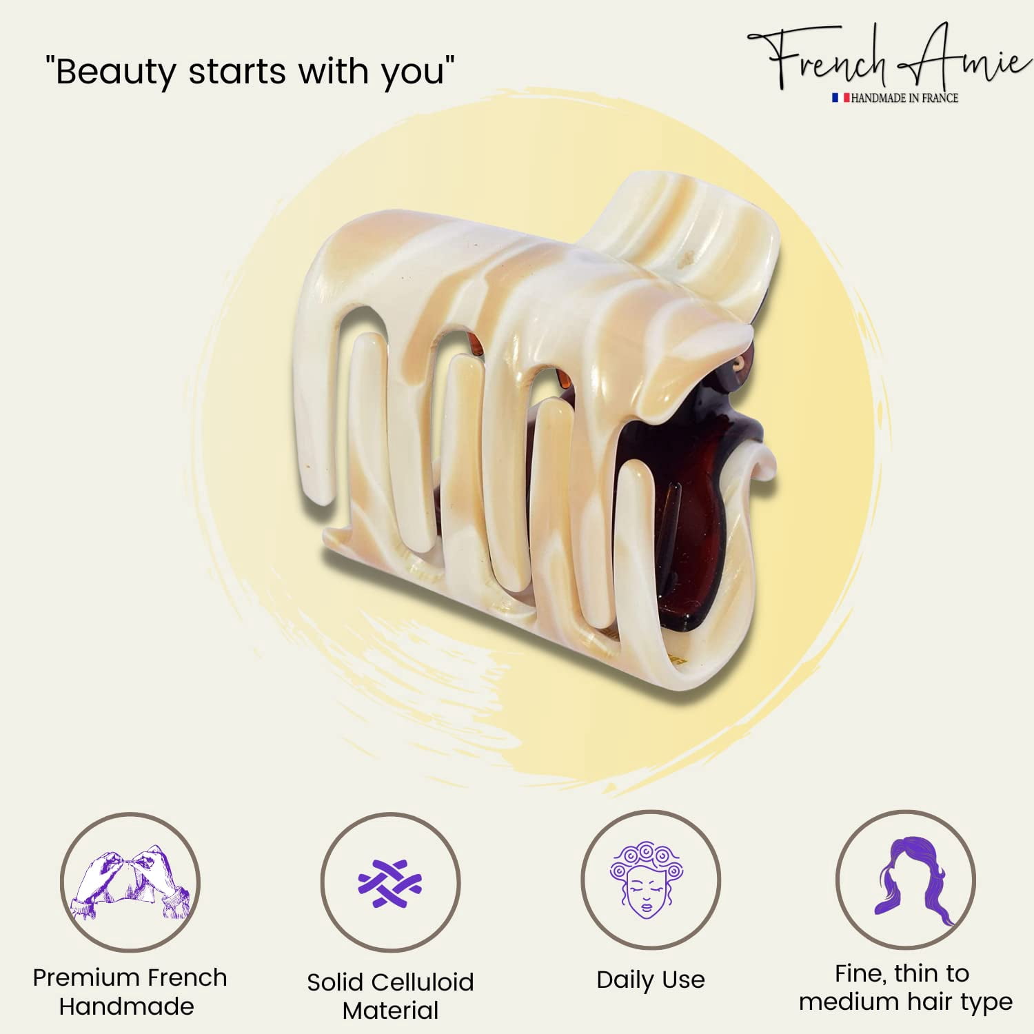 French Amie Big Fat Marble Cream Off White Handmade Jaw Hair Claw Clamp