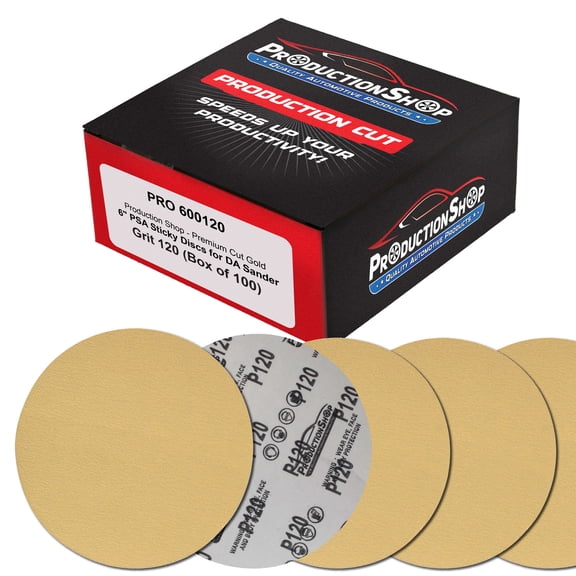 ProductionShop Premium 120 Grit 6" PSA Gold Sanding Discs, Box of 100 - Self Adhesive Stickyback Abrasive Sandpaper for DA & Random Orbital Sanders - Sand Auto Paint Metal, Wood Woodworking Furniture