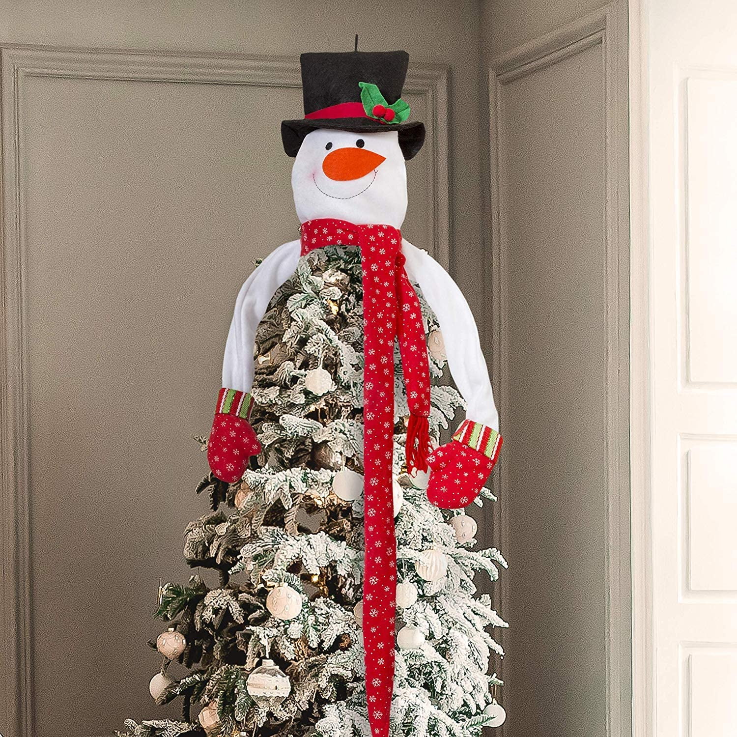 Snow Monster Christmas Tree Topper Funny Felt White Ape Christmas Treetop  with A Star Cute Snowman Plush Hugger for Wines Curtains Decorations Indoor