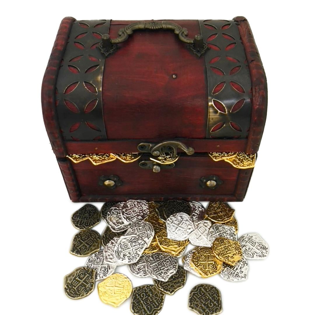Lot of 100 Toy Metal Pirate Mixed Coins with Treasure Chest 