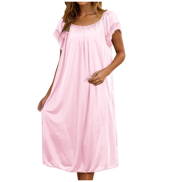 Diufon Nuisettes pour Femmes Grande Taille Amples en Dentelle à Manches Courtes Col Ras du Cou Robe de Pyjama en Soie Robe de Nuit pour la Maison