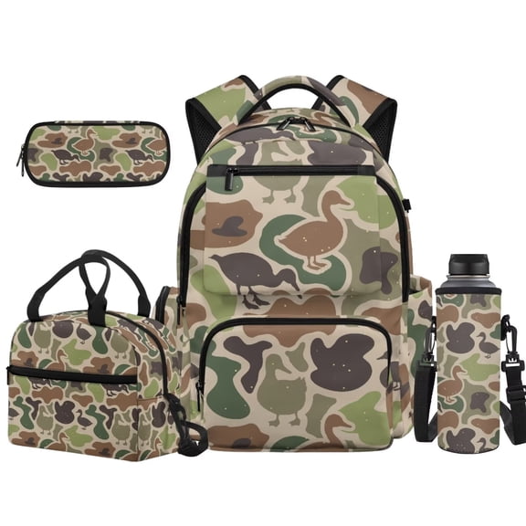 Pzuqiu Duck Camo School Backpack for Girls 4 Piece 17 Inch Large Capacity Bookbag with Lunch Box Pencil Case Water Bottle Holder Lightweight Schoolbag for Middle School Back to School