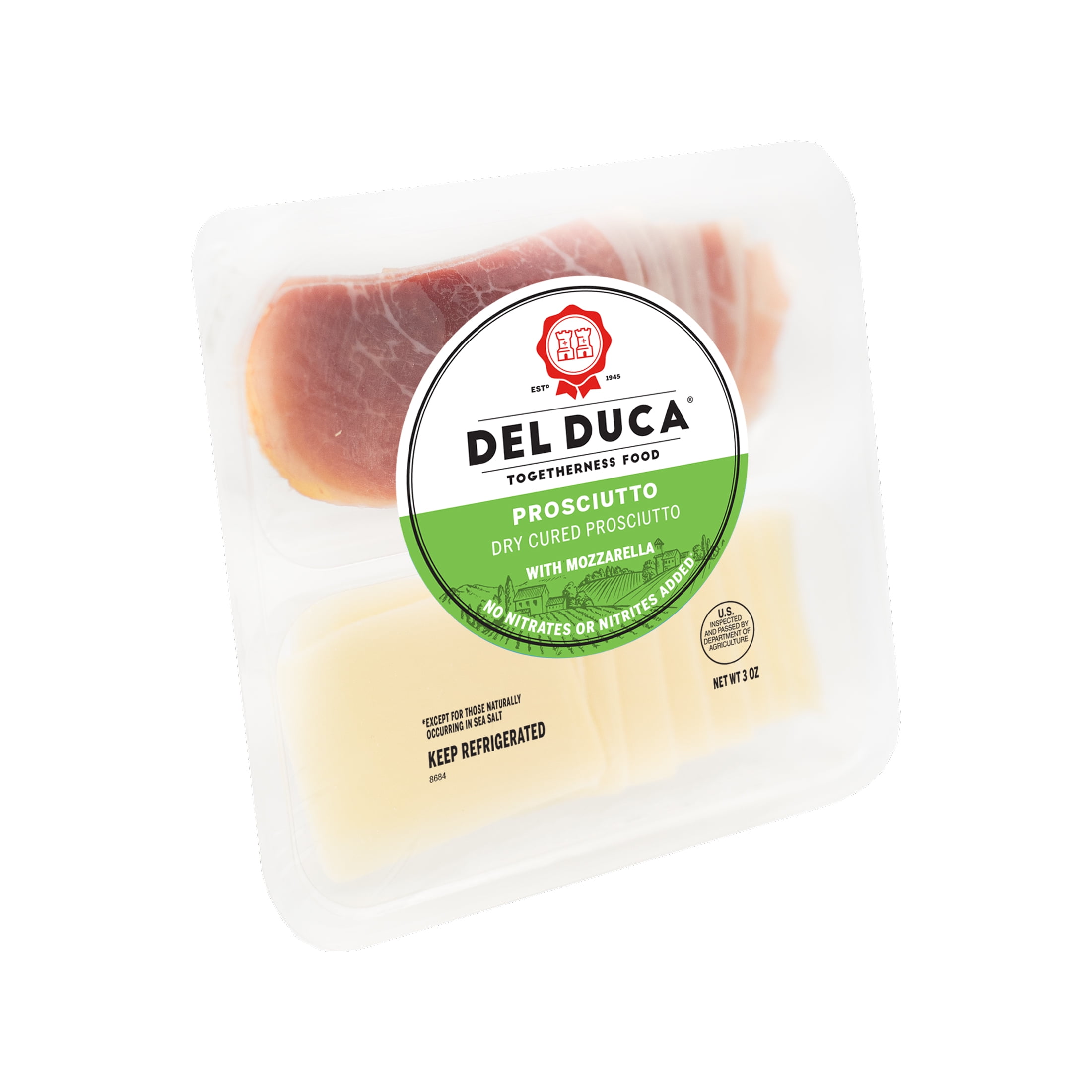Del Duca Charcuterie Snack Pack: Dry Cured Prosciutto and Mozzarella Cheese Tray, Single Serve, 3 oz