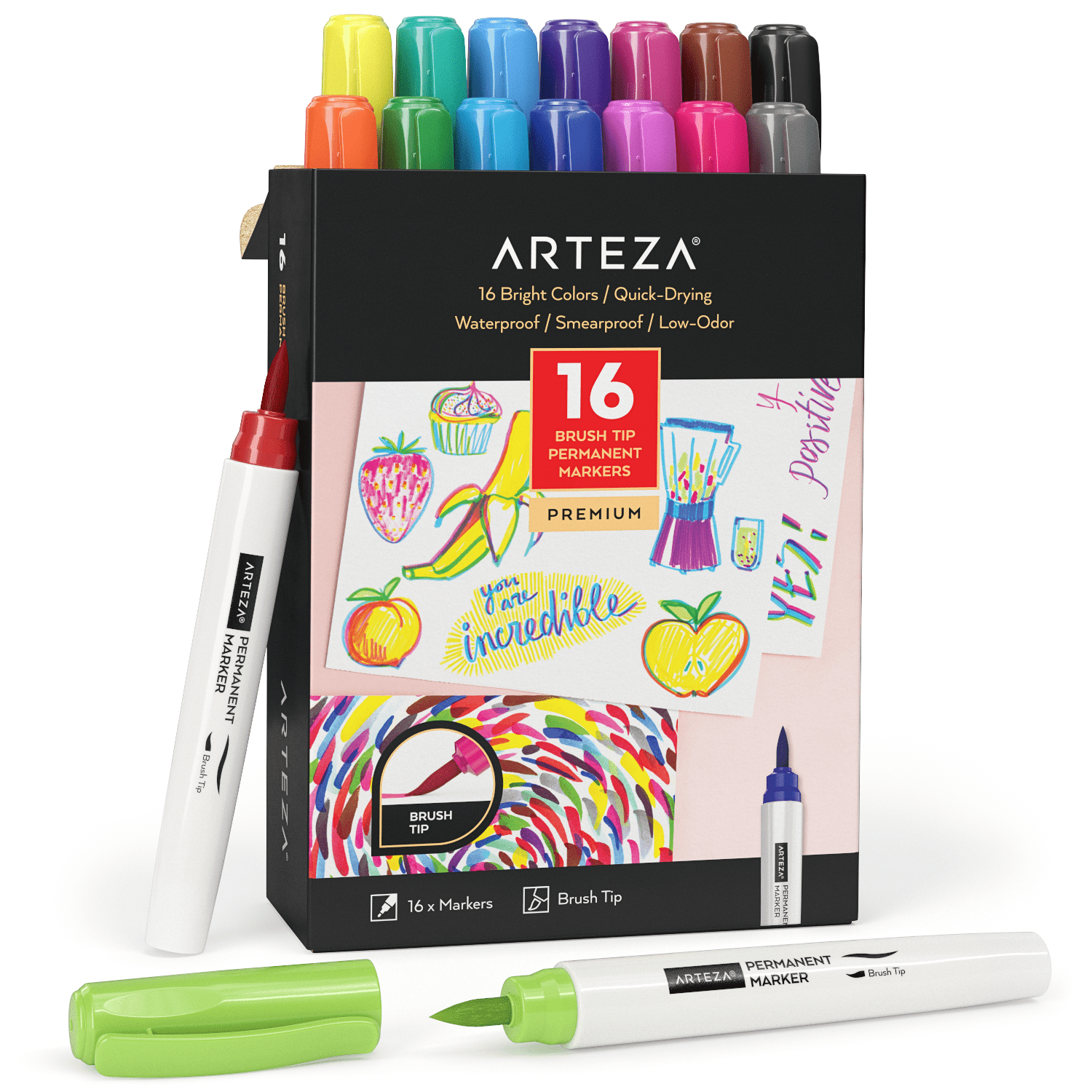 Arteza Set of 16 Permanent Markers, Assorted Colors, Brush Nib