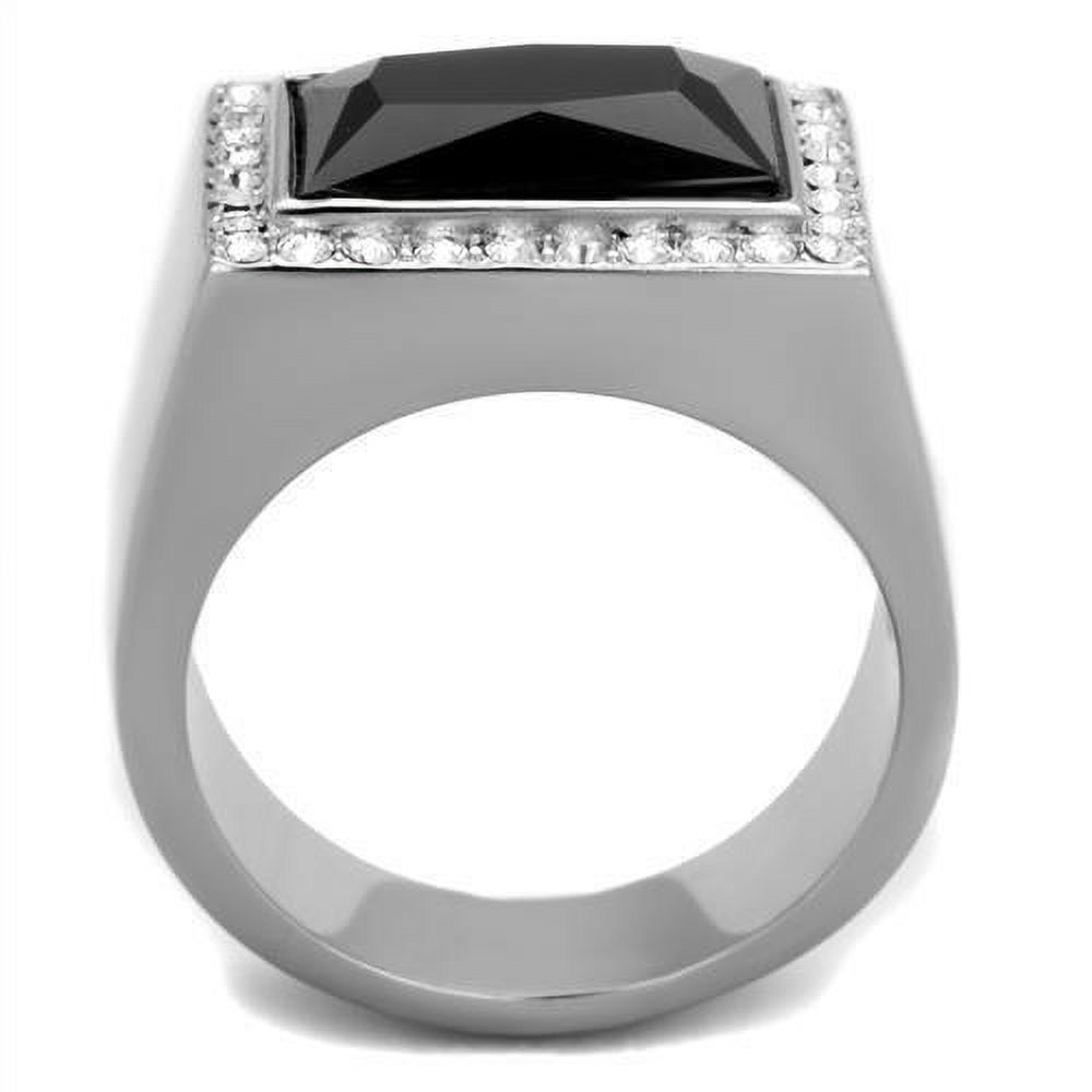 Mens Ring Black Silver Stainless Steel Ring with Synthetic Onyx in Jet