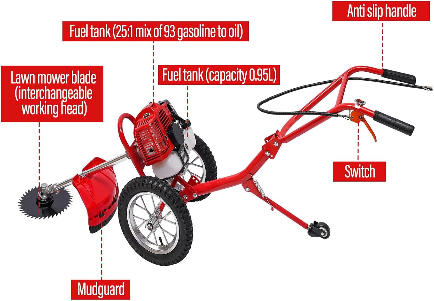 Miumaeov 49CC 2-Stroke Gas Powered Lawn Mower, Hand Push Lawn Mower Trimmer, Brush Mower Gasoline Brush Broom Sweeping Machine, Gas Brush Cutter String Trimmer for Yard
