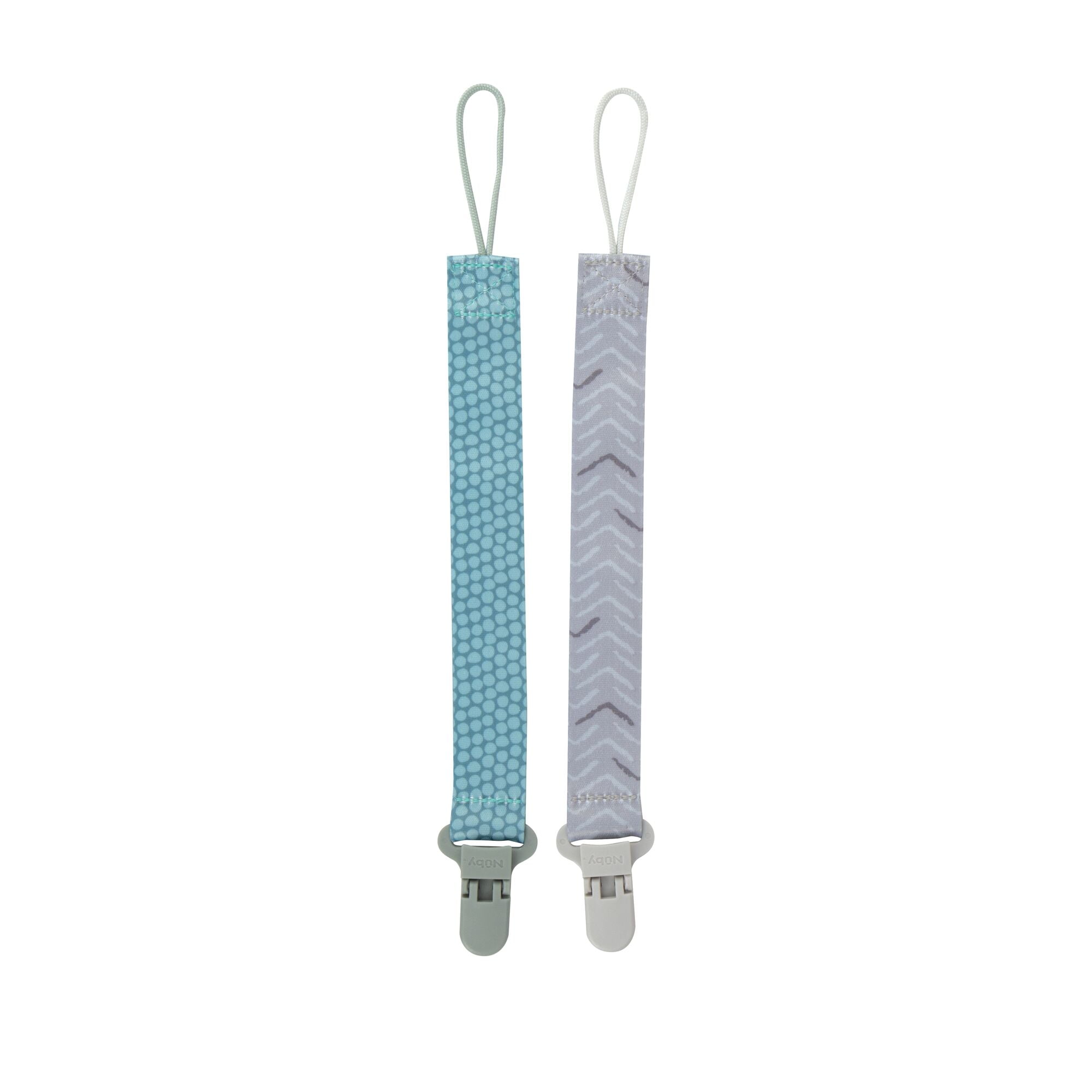 Nuby Pacifinder Baby Pacifier Holder Clip, 2 Count, Aqua Dots & Gray Arrows