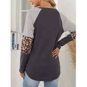 SHIBEVER Women's Long Sleeve Tops Round Neck T-Shirts for Women Fall Fashion Leopard Print Tops Casual Workout Loose Tunics Tops Gray Black Blouses Size L