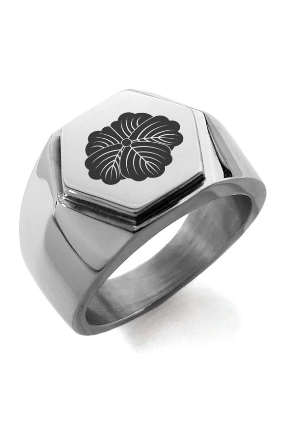 Stainless Steel Matsunaga Samurai Crest Engraved Hexagon Crest Flat Top Biker Style Polished Ring