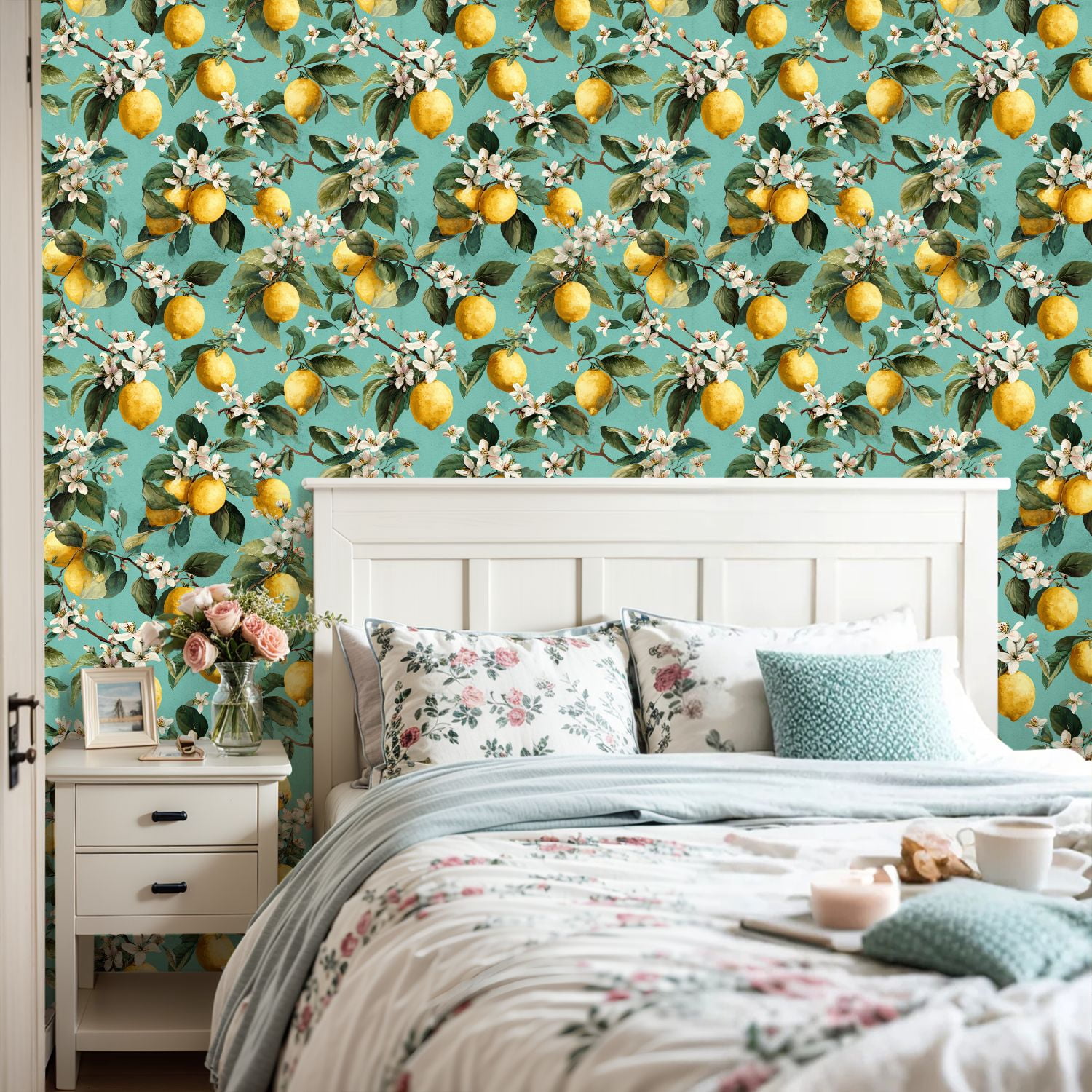 Peel and Stick Wallpaper Seamless Lemon Fruits Floral 24in x 118in Contact Paper Removable Self Adhesive Wall Mural Wall Decor for Bedroom Kitchen Cabinets