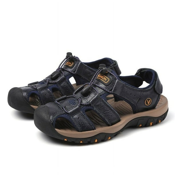 Sandalias de verano para hombre, zapatos de playa de piel de vaca con capa superior, sandalias de suela suave antideslizantes para exteriores para hombre, sandalias de gran tamaño para hombre