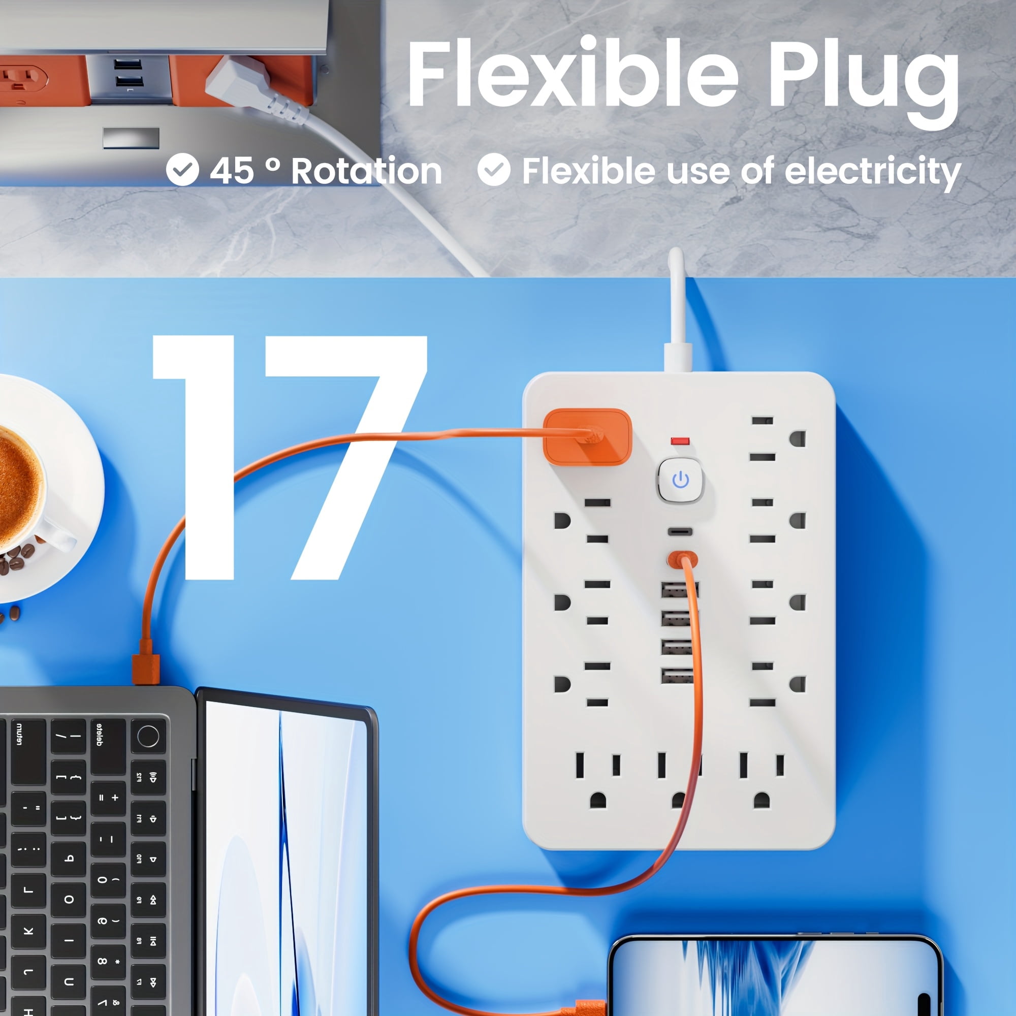 17-in-1 Flat Plug Power Strip Surge Protector, 11 Spacious AC Outlets & 6 USB Ports (2 Type-C), Overload Protection, Long Extension Cord, Multi Outlet Expander for Home Office Desk Wall Plug Adapter