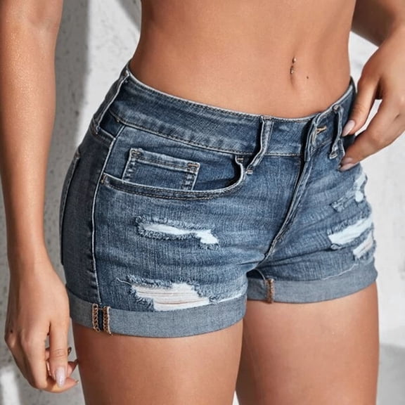 Joernso Ripped Denim Shorts for Women Mid Waist Rolled Cuff Stretchy Jeans Shorts Summer Distressed Short Pants with Pockets