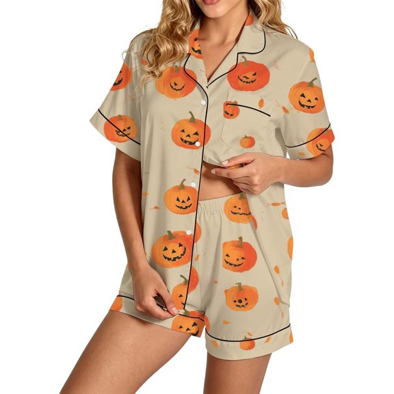 Summer Sales Womens Pajama Sets Satin Fall Pumpkin Print Short Sleeve Button Loungewear Halloween Pajama Sets for Women 2 Piece