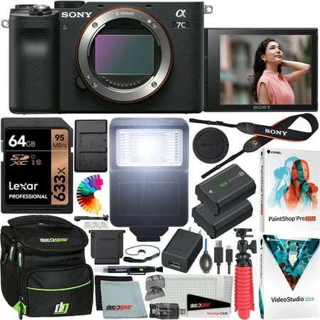 Sony a7C Mirrorless Full Frame Camera Alpha 7C Interchangeable Lens Body Only Black ILCE7C/B Bundle with Deco Gear Case + Extra Battery + Flash + Filters + 64GB Card + Software Kit and Accessories