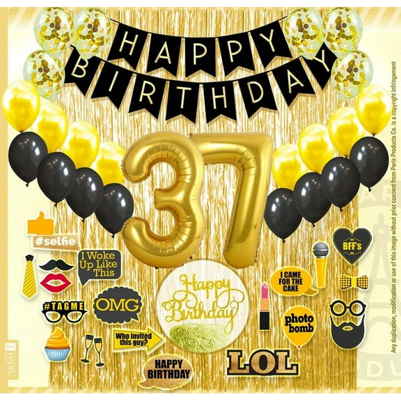 37th Birthday Decoration Black and Gold for Boy & Girl, 37th Cake Topper, 37th Party Supplies for Her and Him, 37th Birthday Photo Props