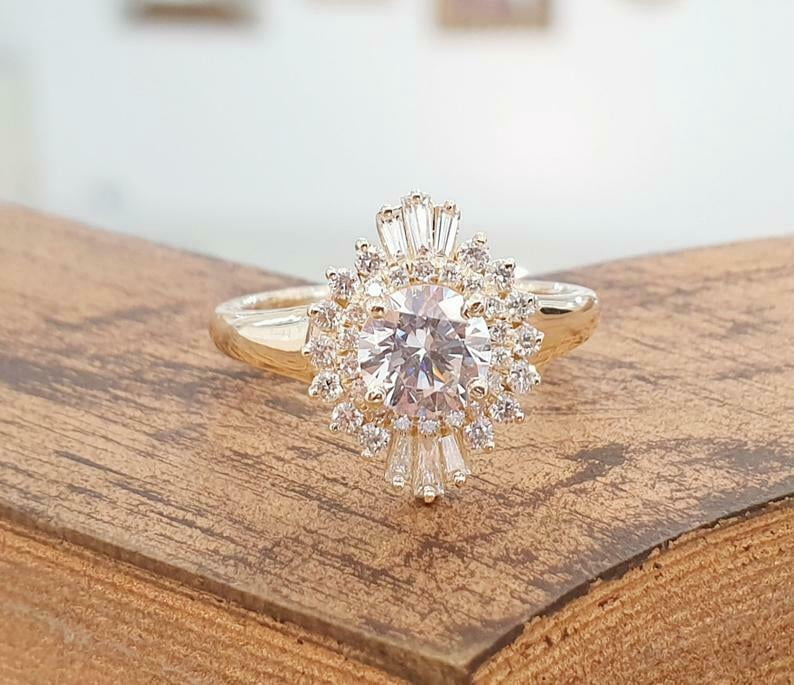 HeartsAndYou 4ct Round Cut Moissanite Ballerina Halo Engagement Ring for Women Women 18k Yellow Gold over Silver