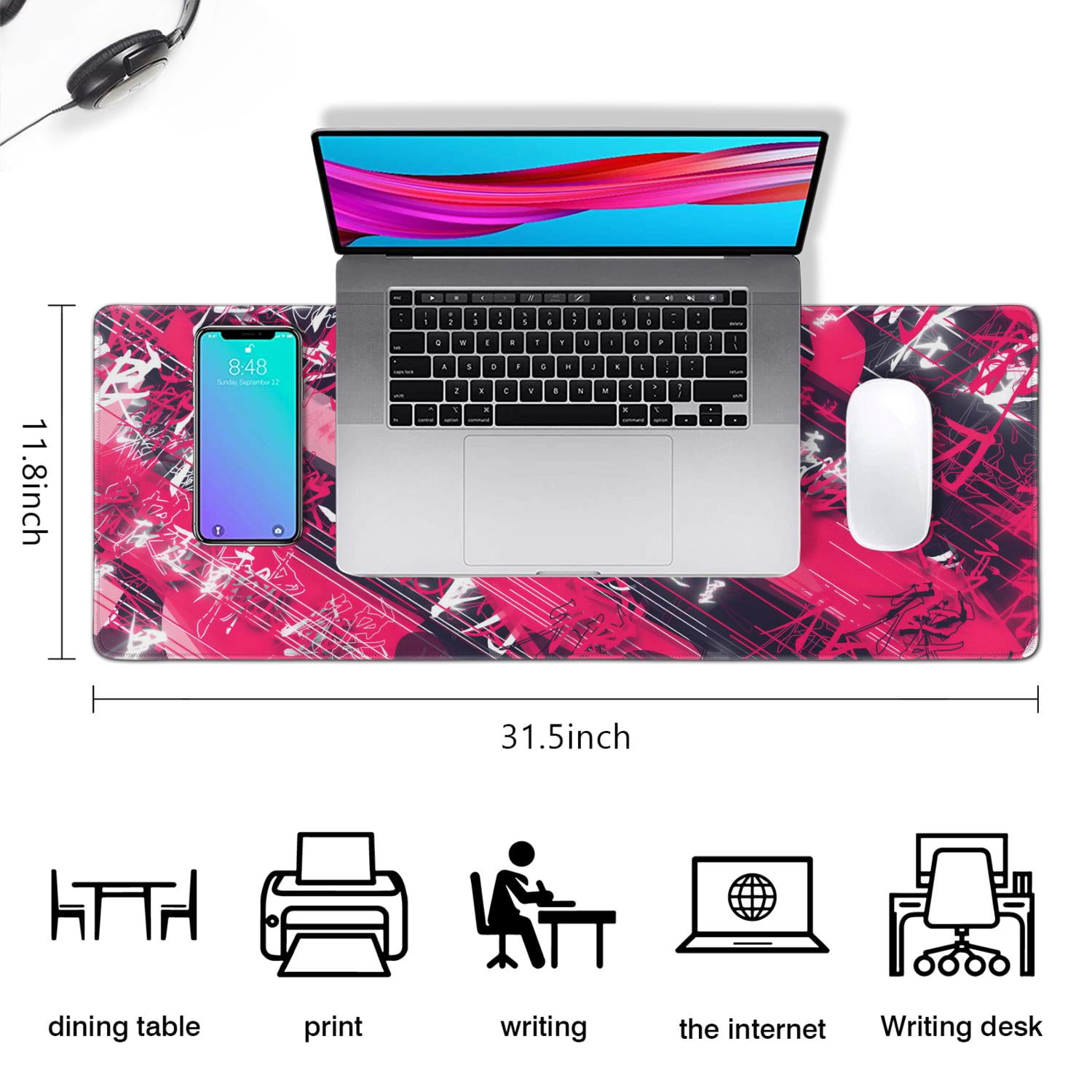 Gaming Mouse Pad, 31.5x11.8 Inch Large Big Computer Keyboard Mouse Mat Desk Pad with Non-Slip Base and Stitched Edge for Home Office Gaming Work (Black Red)