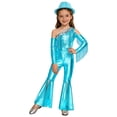 thumbnail image 1 of RUNQHUI Kids Girls Metallic Ruffle Flared Jumpsuit with Hat Set Fringed Performance Disco Dance Outfit Light Blue 12, 1 of 6
